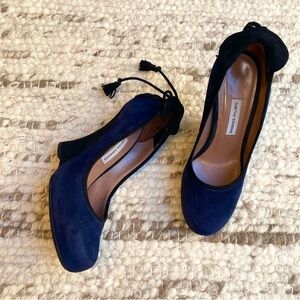 Tabitha Simmons Navy Suede Tassel Wedge Sculpted Pumps, Tie Heels, Size 6.5